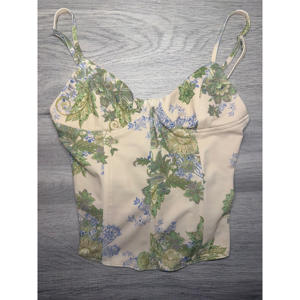 Edikted Floral Paisley Corset Top Lace Up Back Underwire Camisole Green Cream S